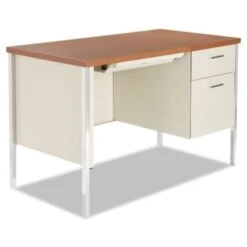 Alera® Single Pedestal Steel Desk, Metal Desk, Cherry/putty