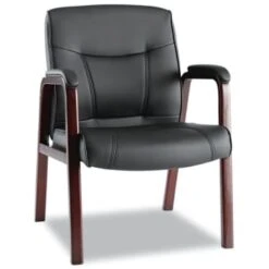 Alera® Madaris Series Leather Guest Chair W/wood Trim, Four Legs, Black/mahogany