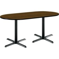 Kfi 30 X 72" Racetrack Pedestal Table With Walnut Top, Black X-Base