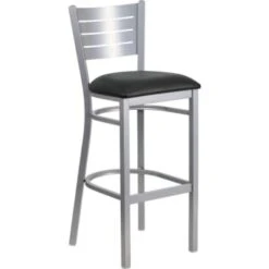 Flash Furniture Hercules Series Silver Slat Back Metal Restaurant Bar Stool Black Vinyl Seat