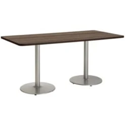 Kfi 36" X 72" Pedestal Table With Studio Teak Top, Brown Edge, Round Silver Ba