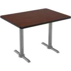 Kfi 30" X 48" Pedestal Table With Mahogany Top, Silver T-Leg Base, Bistro Heig